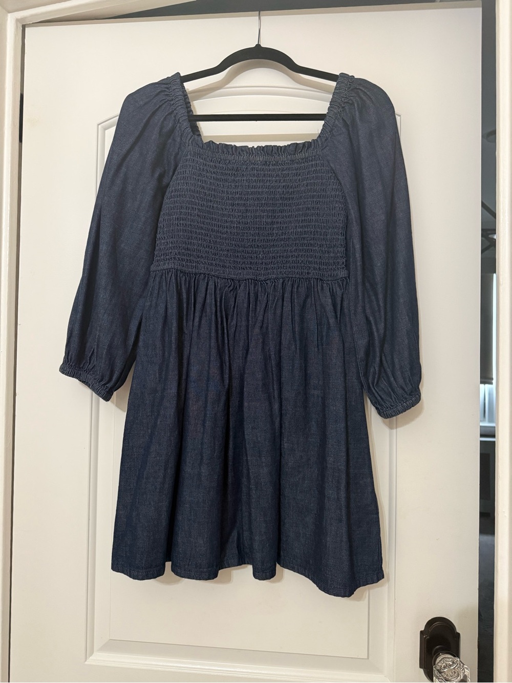 J. Crew Navy Smocked Square-Neck Tunic with Puff Sleeves
